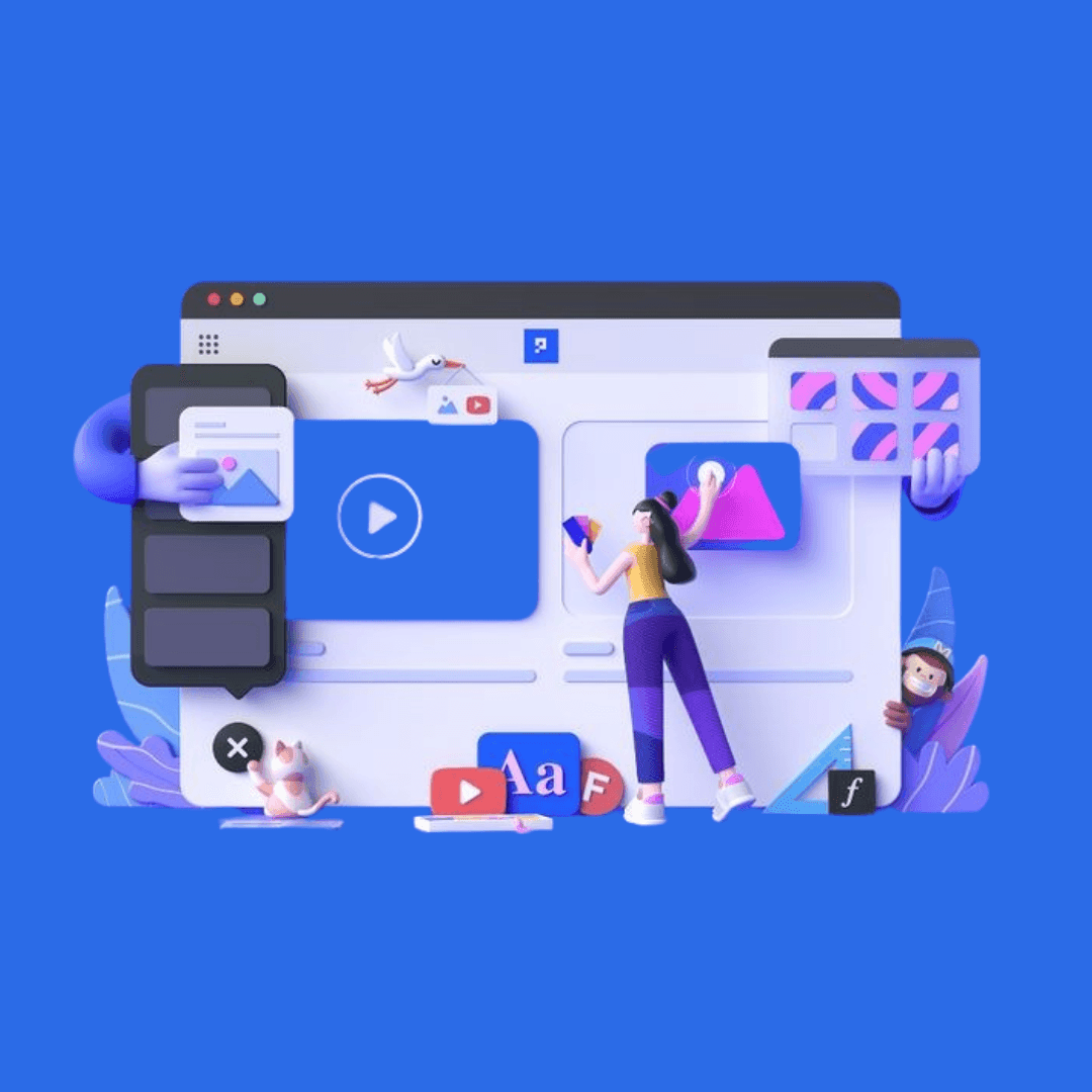 Illustration of a person interacting with website design elements and icons against a blue background.