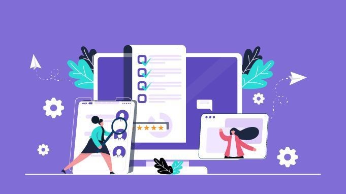 Illustration of people interacting with digital screens and checklists on a purple background.