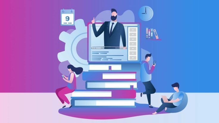 Illustration of people using devices around stacked books and a video screen, symbolizing online learning.