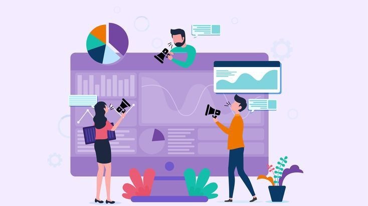 Illustration of people analyzing charts and graphs on a computer screen with megaphones.